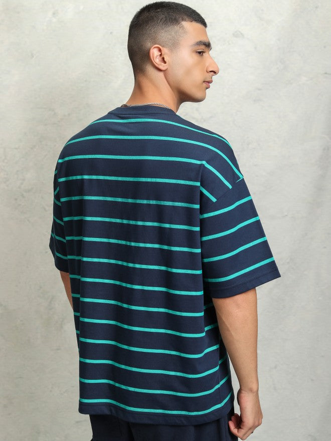 Highlader Men Navy Blue Striped Round Neck Oversized Fit T-Shirt - Navy Blue - Image 3