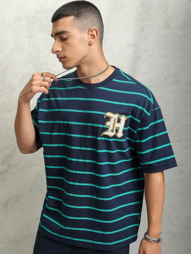 Highlader Men Navy Blue Striped Round Neck Oversized Fit T-Shirt - Navy Blue - Image 4