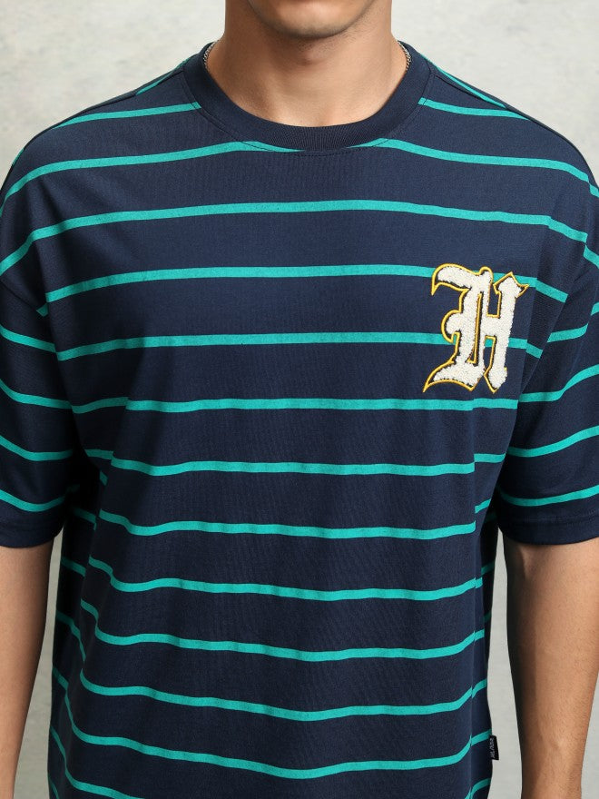 Highlader Men Navy Blue Striped Round Neck Oversized Fit T-Shirt - Navy Blue - Image 5