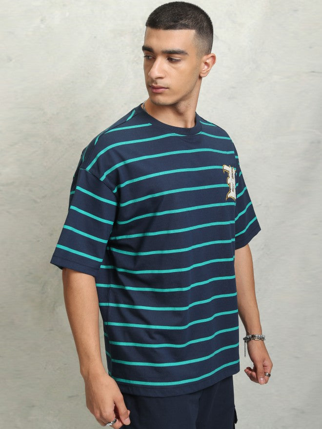 Highlader Men Navy Blue Striped Round Neck Oversized Fit T-Shirt - Navy Blue - Image 6