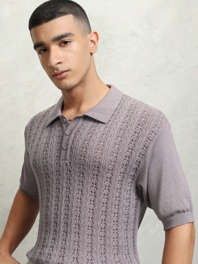 Highlander Men Mauve Self Design Polo Collar T-Shirt - Mauve - Image 1