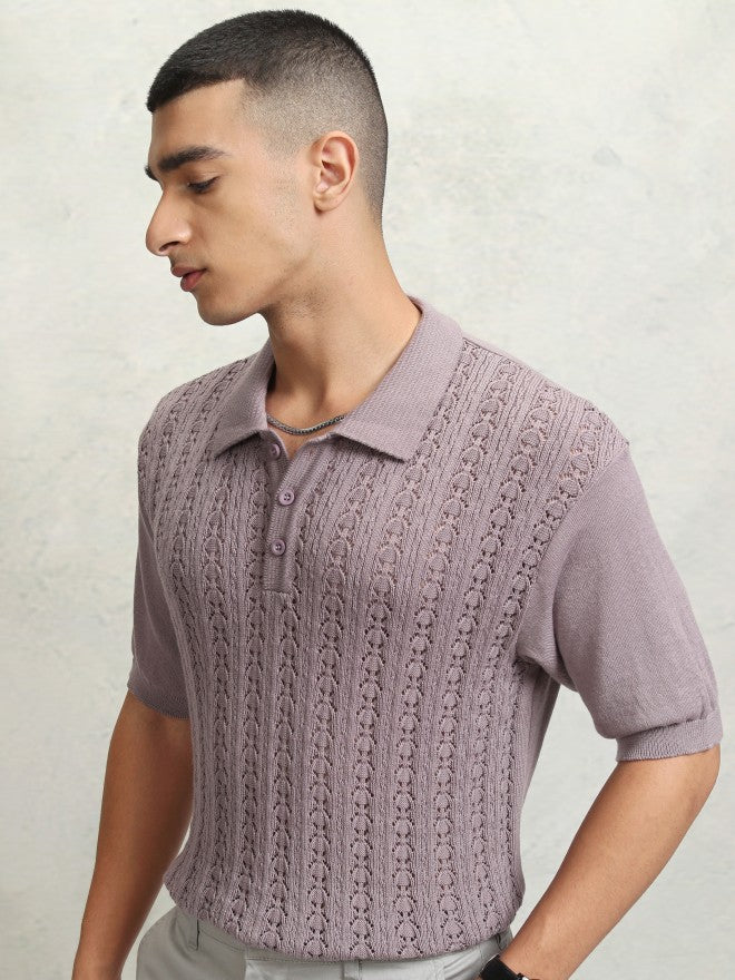 Highlander Men Mauve Self Design Polo Collar T-Shirt - Mauve - Image 4
