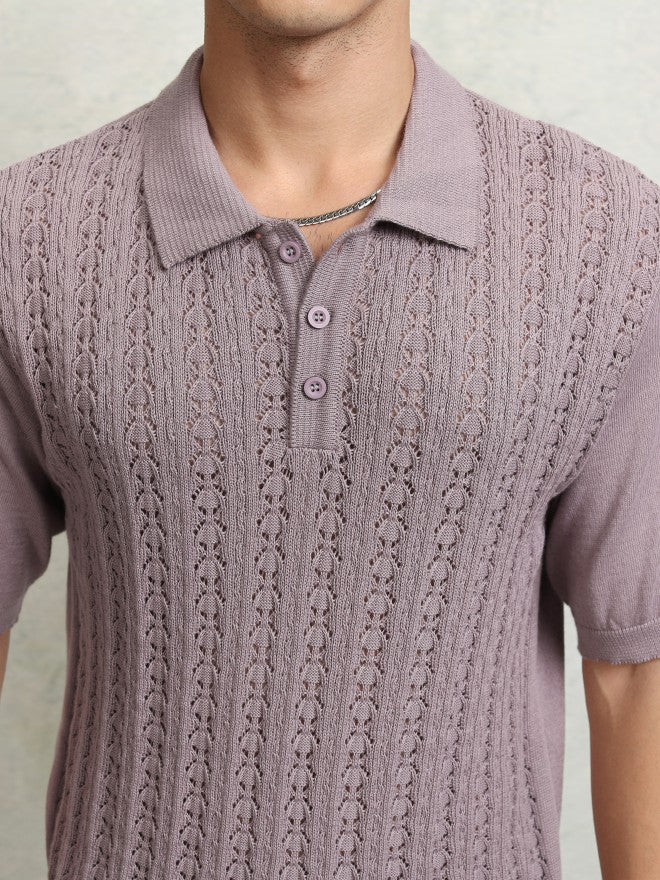 Highlander Men Mauve Self Design Polo Collar T-Shirt - Mauve - Image 5