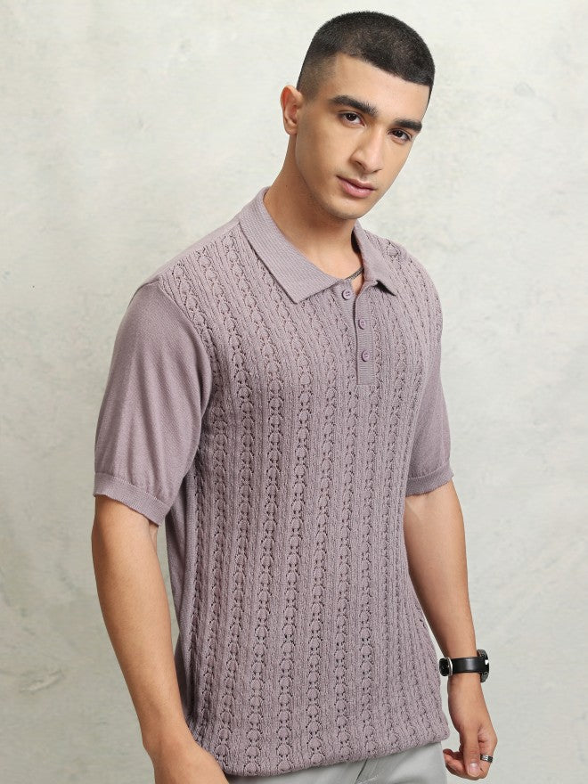Highlander Men Mauve Self Design Polo Collar T-Shirt - Mauve - Image 6