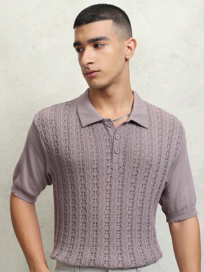 Highlander Men Mauve Self Design Polo Collar T-Shirt - Mauve - Image 7