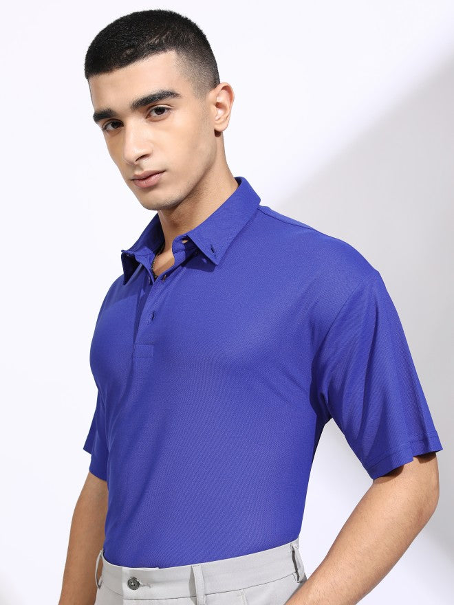 Highlander Men Blue Solid Polo Collar T-Shirt - Blue - Image 4