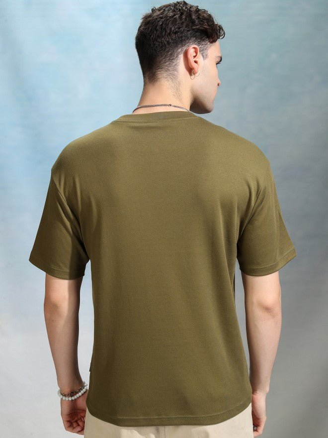 Highlander Men Olive Solid Round Neck Oversized Fit T-Shirt - Olive - Image 3