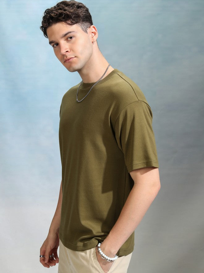 Highlander Men Olive Solid Round Neck Oversized Fit T-Shirt - Olive - Image 4