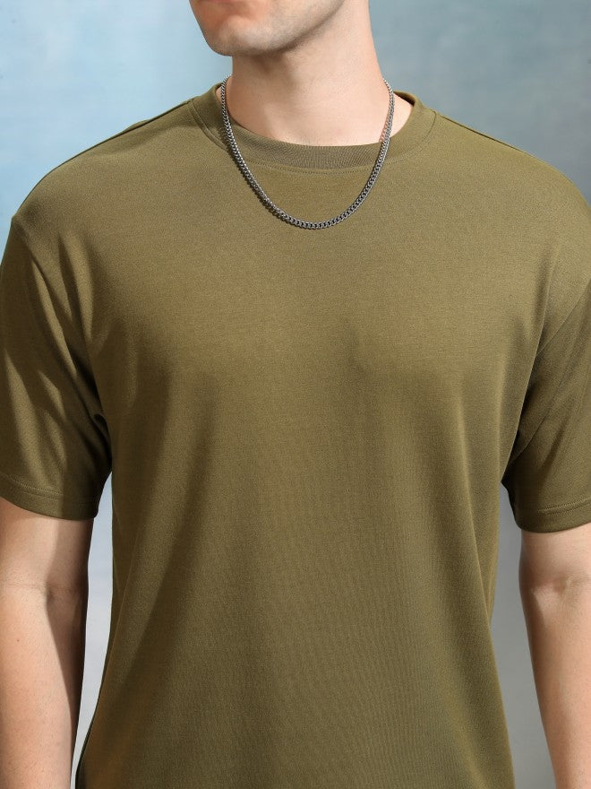 Highlander Men Olive Solid Round Neck Oversized Fit T-Shirt - Olive - Image 5