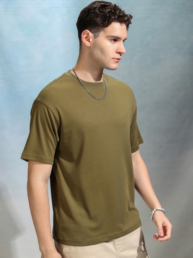Highlander Men Olive Solid Round Neck Oversized Fit T-Shirt - Olive - Image 6