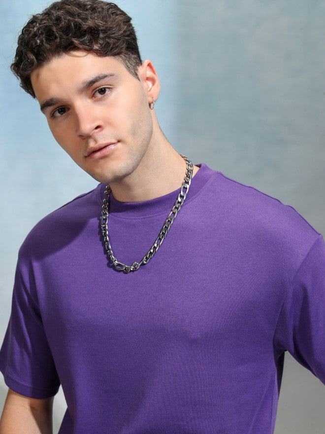 Highlander Men Purple Solid Round Neck Relaxed Fit T-Shirt - Purple - Image 1