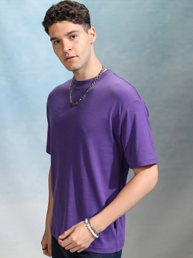 Highlander Men Purple Solid Round Neck Relaxed Fit T-Shirt - Purple - Image 4