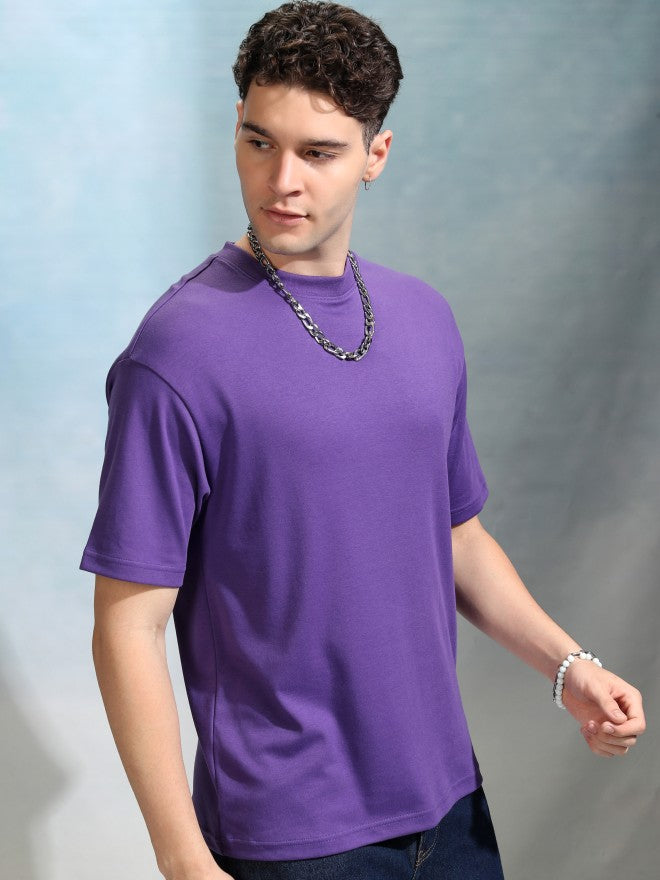 Highlander Men Purple Solid Round Neck Relaxed Fit T-Shirt - Purple - Image 6