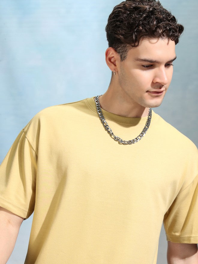 Highlander Men Yellow Solid Round Neck Oversized Fit T-Shirt - Yellow - Image 1