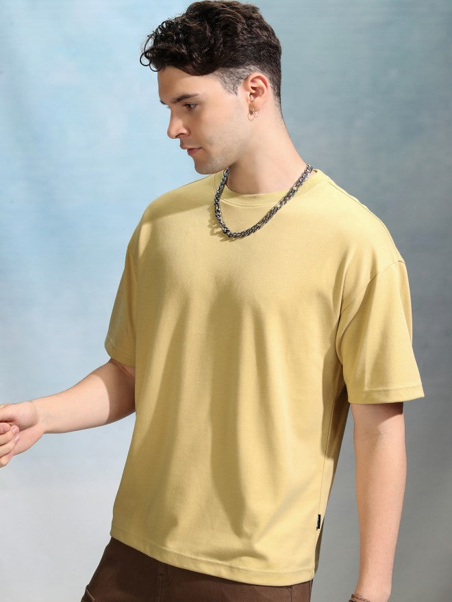Highlander Men Yellow Solid Round Neck Oversized Fit T-Shirt - Yellow - Image 4
