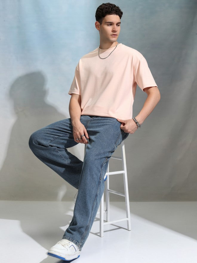 Highlander Men Peach Solid Round Neck Oversized Fit T-Shirt - Peach - Image 2