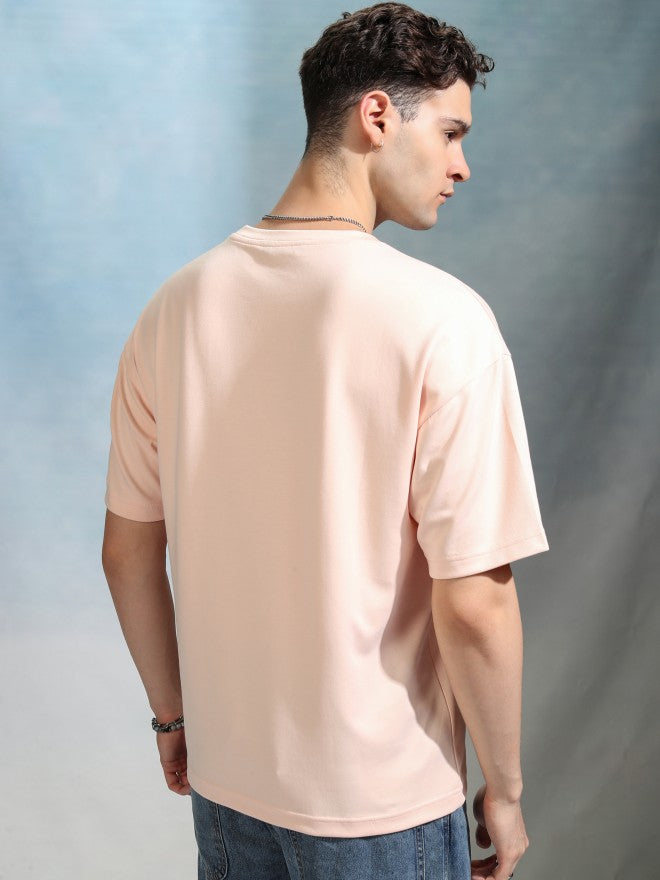 Highlander Men Peach Solid Round Neck Oversized Fit T-Shirt - Peach - Image 3