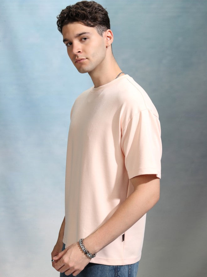 Highlander Men Peach Solid Round Neck Oversized Fit T-Shirt - Peach - Image 4