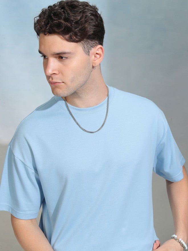 Highlander Men Blue Solid Round Neck Oversized Fit T-Shirt - Blue - Image 1