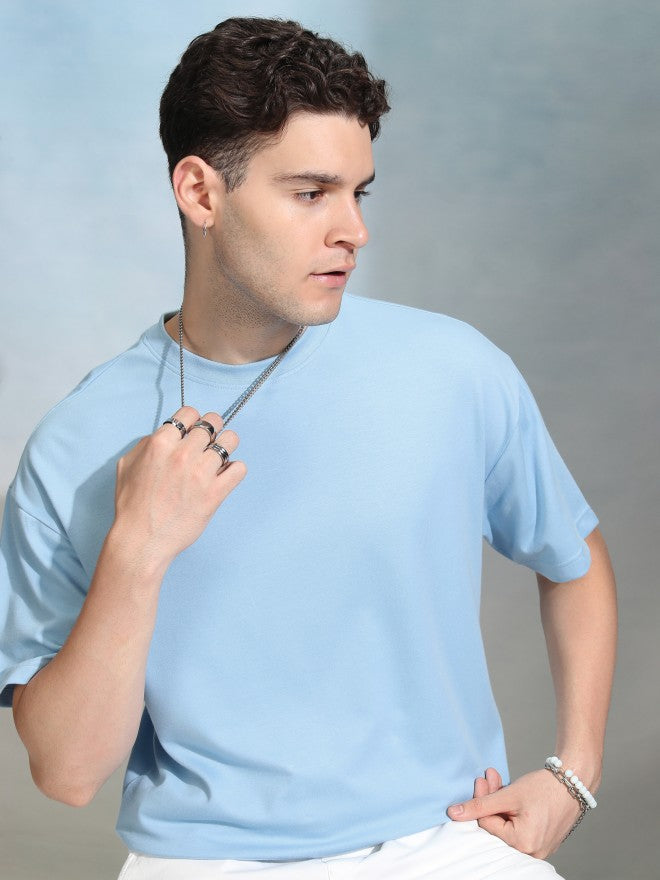 Highlander Men Blue Solid Round Neck Oversized Fit T-Shirt - Blue - Image 7