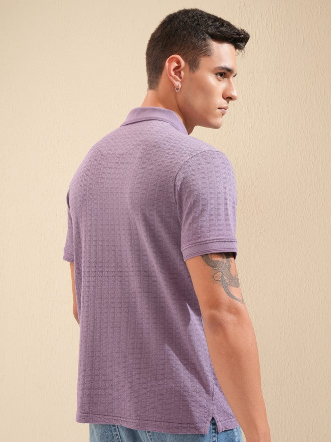 Highlander Men Lavender Self Design Polo Collar T-Shirt - Lavender - Image 3