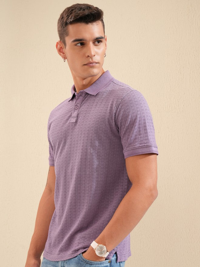 Highlander Men Lavender Self Design Polo Collar T-Shirt - Lavender - Image 4
