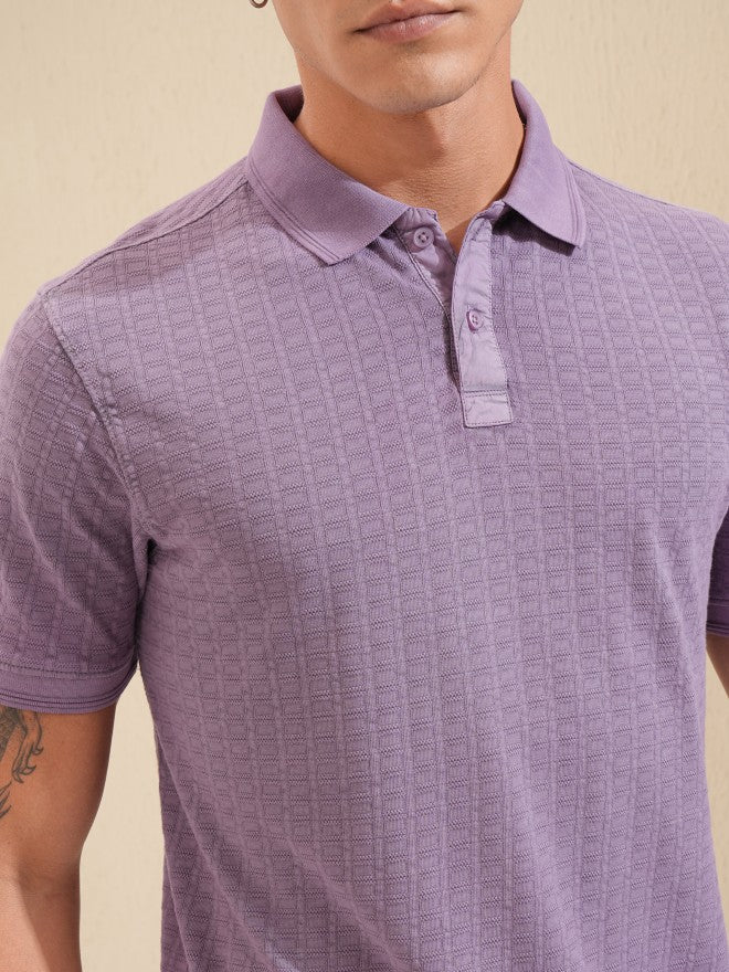 Highlander Men Lavender Self Design Polo Collar T-Shirt - Lavender - Image 5