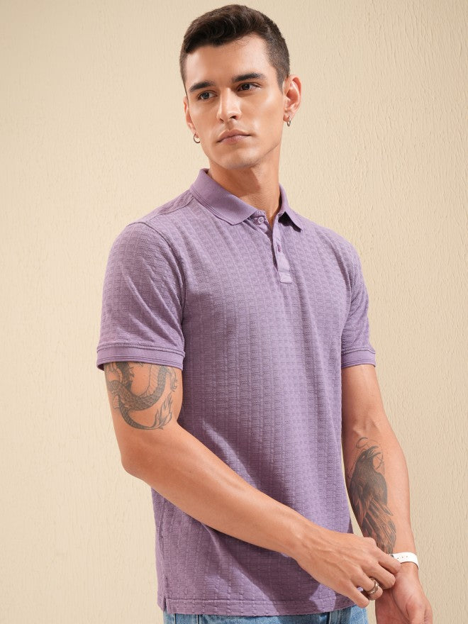 Highlander Men Lavender Self Design Polo Collar T-Shirt - Lavender - Image 6