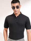 Highlander Men Black Self Design Henley Neck Slim Fit T-Shirt - Black - Image 1