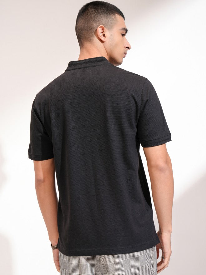 Highlander Men Black Self Design Henley Neck Slim Fit T-Shirt - Black - Image 3