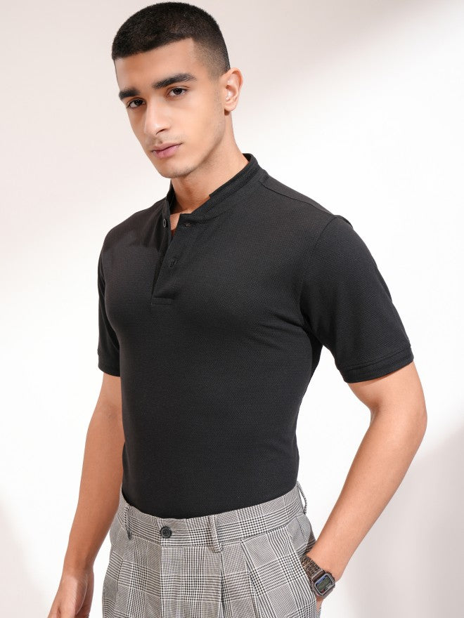Highlander Men Black Self Design Henley Neck Slim Fit T-Shirt - Black - Image 4