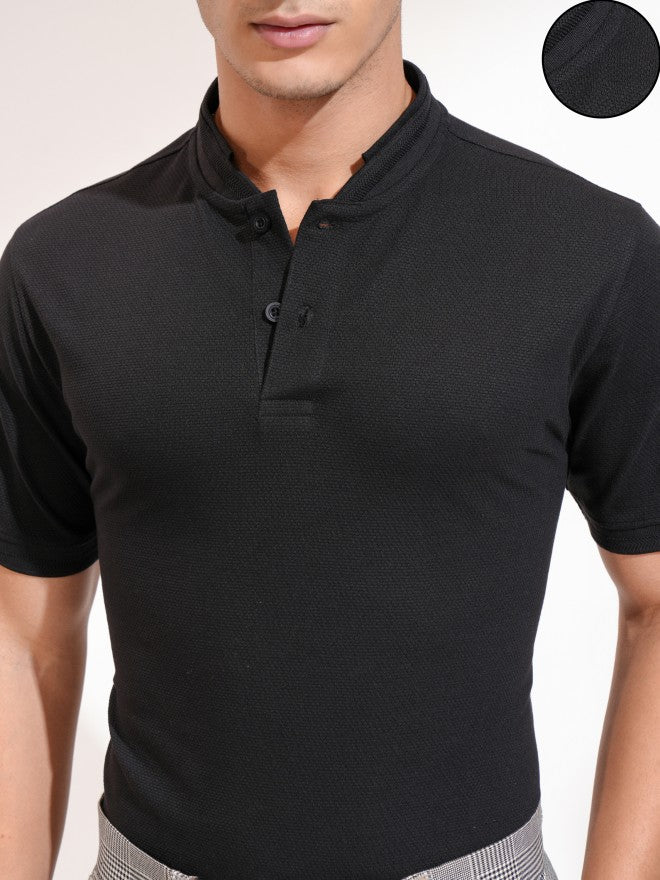 Highlander Men Black Self Design Henley Neck Slim Fit T-Shirt - Black - Image 5