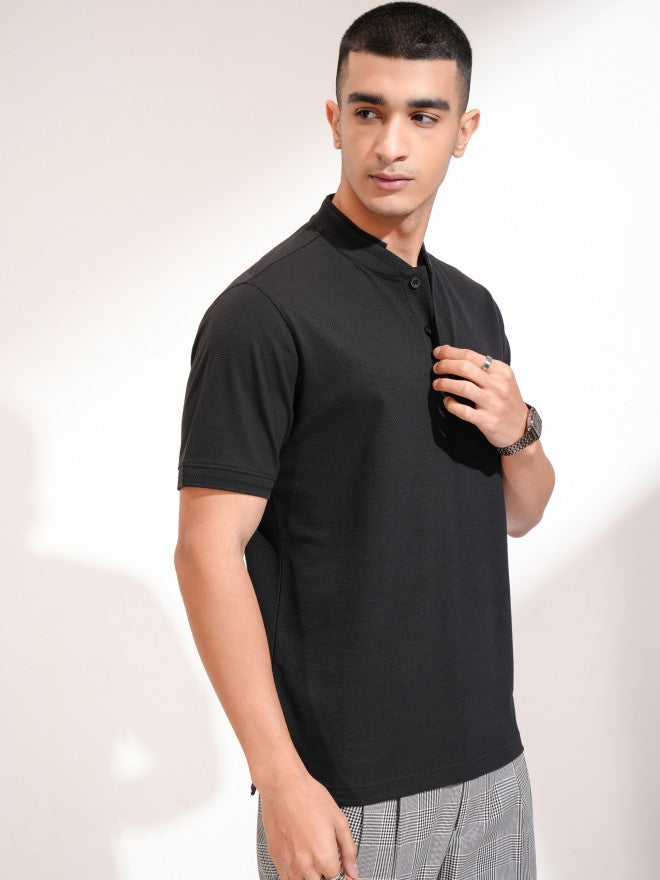 Highlander Men Black Self Design Henley Neck Slim Fit T-Shirt - Black - Image 6