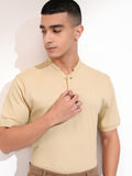 Highlander Men Beige Self Design Henley Neck Slim Fit T-Shirt - Beige - Image 1