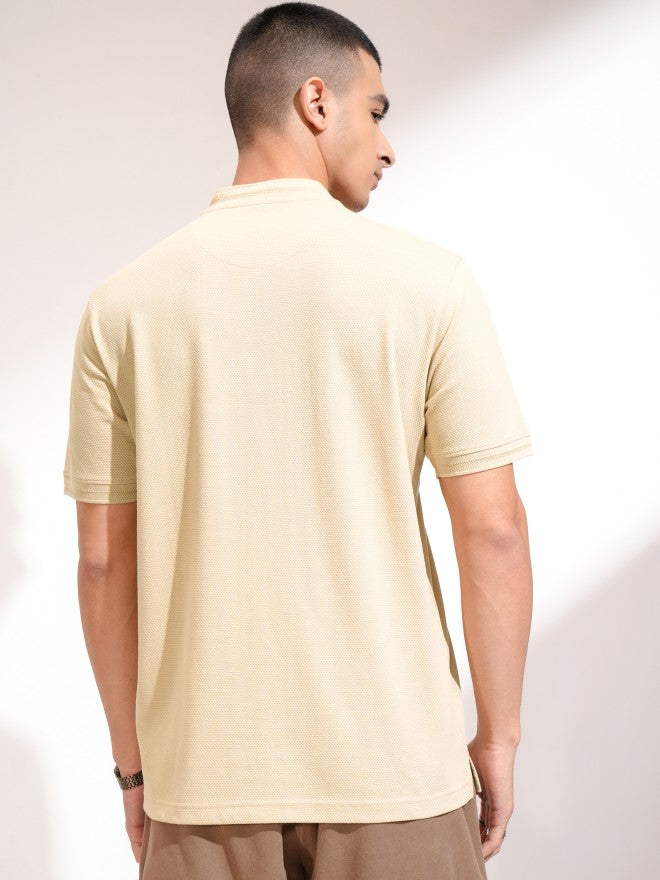 Highlander Men Beige Self Design Henley Neck Slim Fit T-Shirt - Beige - Image 3
