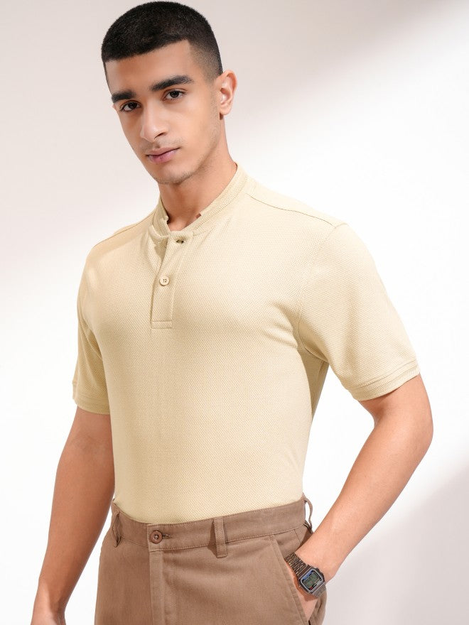 Highlander Men Beige Self Design Henley Neck Slim Fit T-Shirt - Beige - Image 4