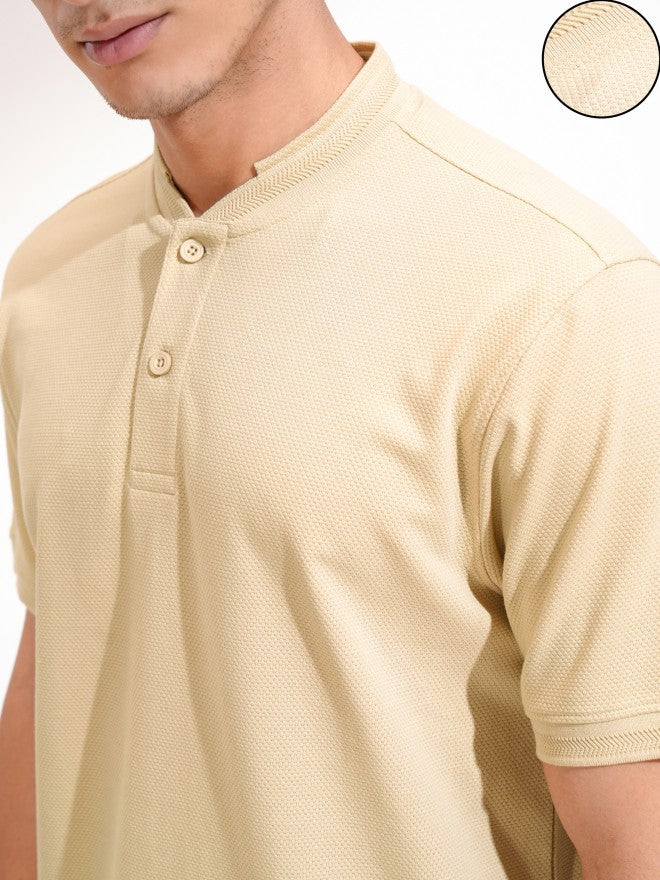 Highlander Men Beige Self Design Henley Neck Slim Fit T-Shirt - Beige - Image 5