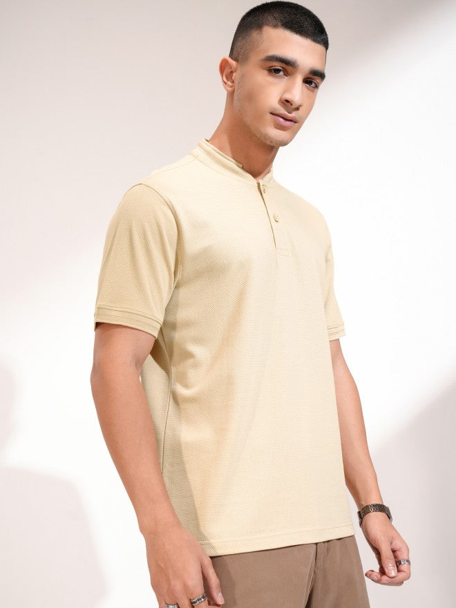 Highlander Men Beige Self Design Henley Neck Slim Fit T-Shirt - Beige - Image 6