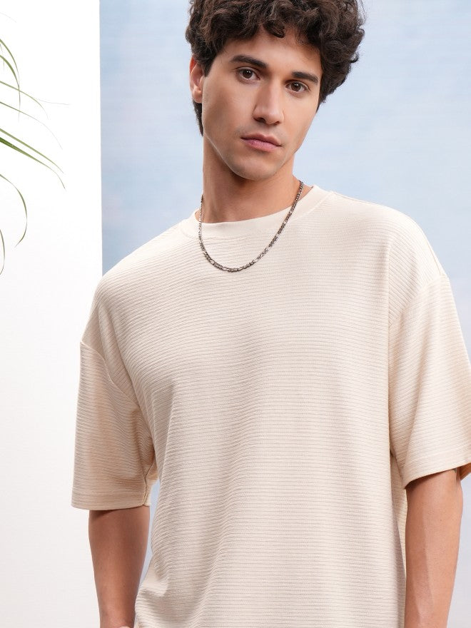 Highlander Men Cream Self Design Oversized Fit T-Shirt - Cream - Image 1
