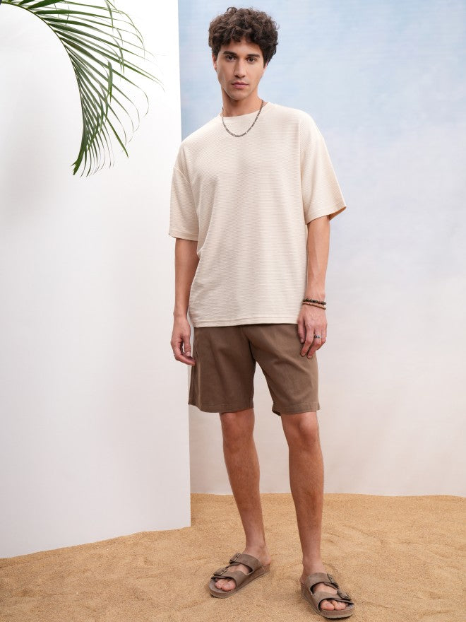 Highlander Men Cream Self Design Oversized Fit T-Shirt - Cream - Image 2
