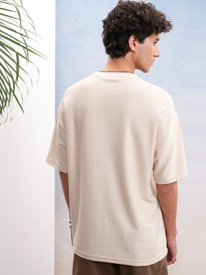 Highlander Men Cream Self Design Oversized Fit T-Shirt - Cream - Image 3