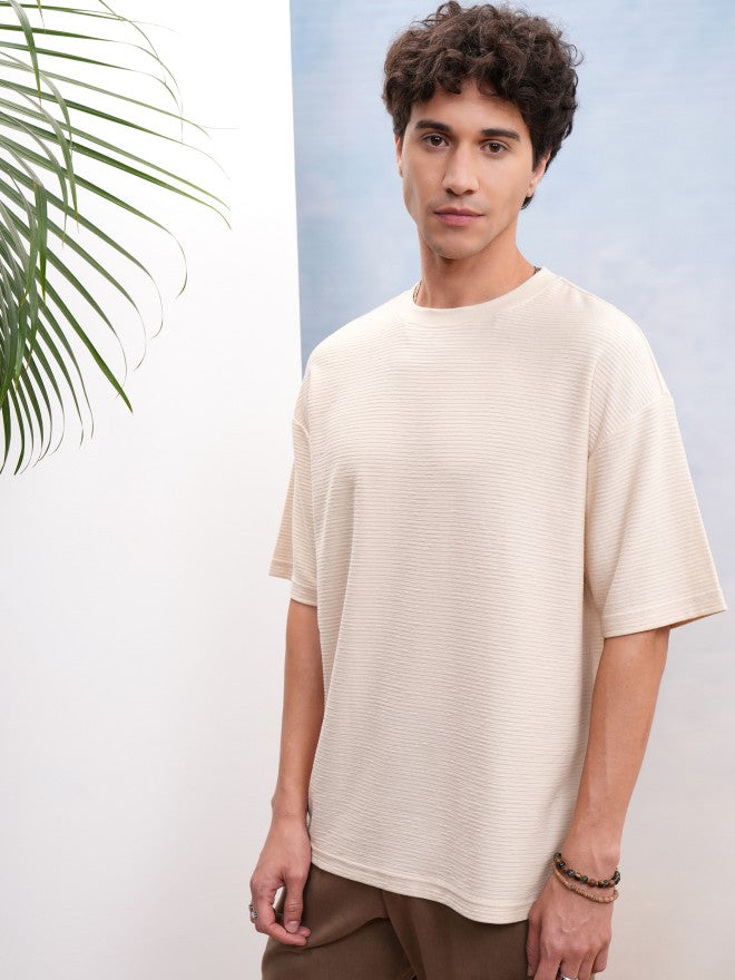 Highlander Men Cream Self Design Oversized Fit T-Shirt - Cream - Image 4