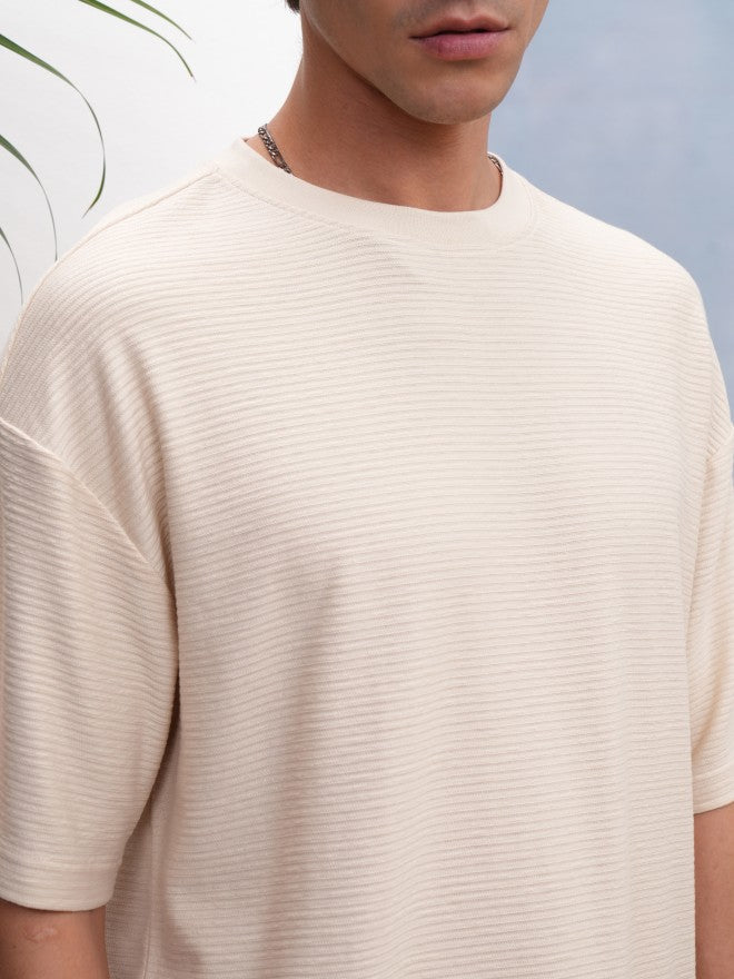 Highlander Men Cream Self Design Oversized Fit T-Shirt - Cream - Image 5