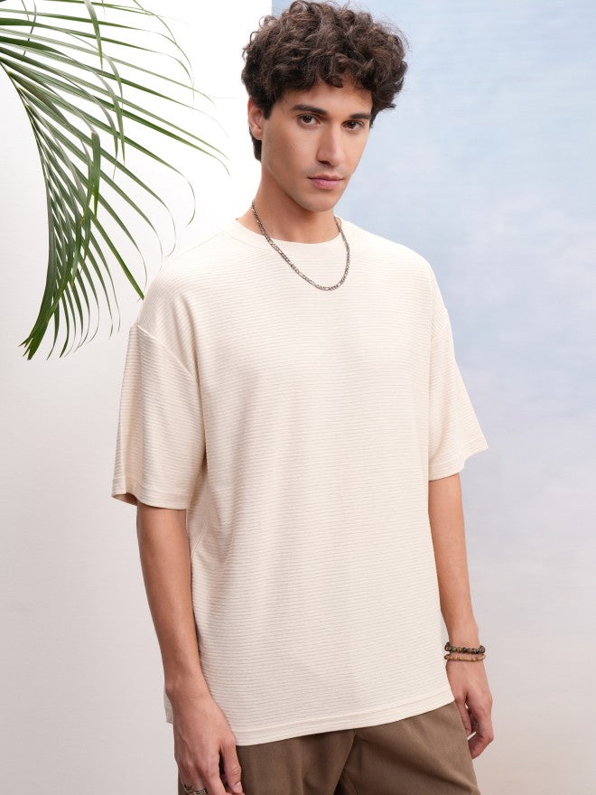 Highlander Men Cream Self Design Oversized Fit T-Shirt - Cream - Image 6