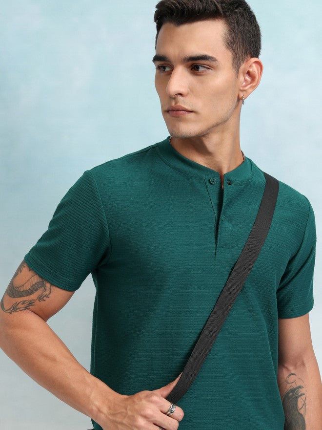 Highlander Men Teal Self Design Henley Neck T-Shirt - Teal - Image 1
