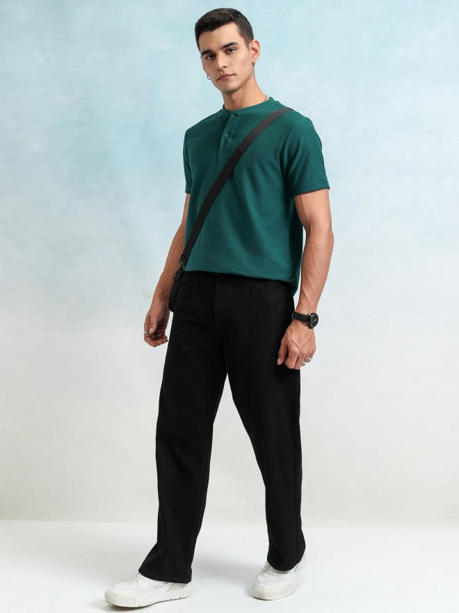 Highlander Men Teal Self Design Henley Neck T-Shirt - Teal - Image 2