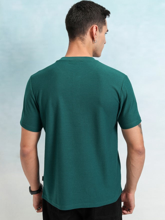 Highlander Men Teal Self Design Henley Neck T-Shirt - Teal - Image 3
