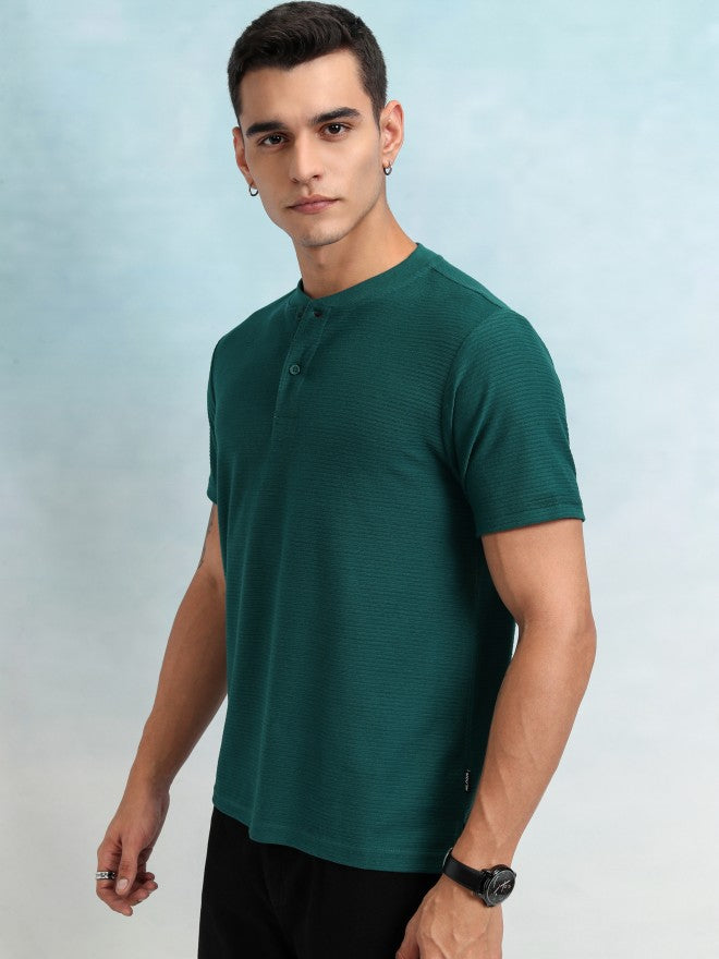 Highlander Men Teal Self Design Henley Neck T-Shirt - Teal - Image 4