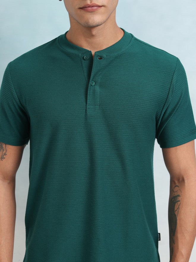 Highlander Men Teal Self Design Henley Neck T-Shirt - Teal - Image 5
