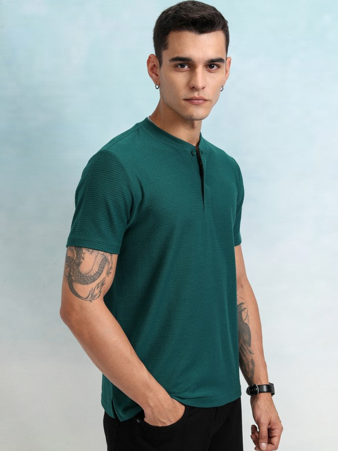Highlander Men Teal Self Design Henley Neck T-Shirt - Teal - Image 6